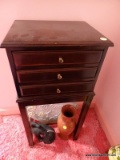 (PINKBR) JEWELRY CHEST OF DRAWERS; WALNUT CHEST OF DRAWERS WITH 3 LIGHT GRAY FELT LINED DRAWERS.