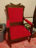 (PINKBR) VICTORIAN ARMCHAIR; CARVED VICTORIAN ARMCHAIR WITH A RED CLOTH UPHOLSTERED SEAT, BACKREST