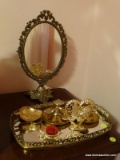 (PINKBR) LOT OF VANITY ACCESSORIES; 9 PIECE LOT TO INCLUDE A MIRRORED TRAY WITH A PIERCED BRASS RIM,