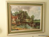 (LR) FRAMED PRINT ON CANVAS; PRINT DEPICTS A SCENE OF PEOPLE TRAVELING BY WAGON THROUGH A FLOODED