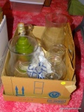 (PINKBR) BOX LOT OF LAMPS, VASES, AND CHIMNEYS; 6 PIECE LOT TO INCLUDE AN OIL LAMP, A SCALLOP RIM