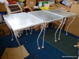 (PATIO) (3) PATIO END TABLES; IRON TABLES WITH PLEXIGLAS TOPS, ALL WHITE PAINTED.