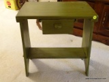 (LR) RUSTIC END TABLE; GREEN BRUSH PAINTED, SINGLE DRAWER RUSTIC SIDE TABLE WITH A LOWER STRETCHER