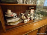 (DR) SHELF LOT OF ASSORTED KITCHENWARE AND CHINA; LOT TO INCLUDE 10 URANIUM GLASS FOOTED DESSERT