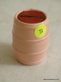 (DR) BANK OF POWHATAN MINI COIN BANK; PINK METAL BARREL COIN BANK WITH A KEYED ENTRY BOTTOM LATCH.