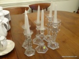 (DR) LOT OF GLASS CANDLE STICKS; 6 PIECE LOT OF GLASS CANDLESTICKS TO INCLUDE 3 SEPARATE SETS OF