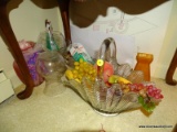 (DR) LOT OF ASSORTED GLASS DECORATIONS; LOT TO INCLUDE A GLASS BASKET WITH ARTIFICIAL FRUIT, AN