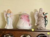 (DR) ANTIQUE JAR AND ANGEL FIGURINES; 3 PIECE LOT TO INCLUDE AN ANTIQUE PINK AND GREEN ROSE LIDDED