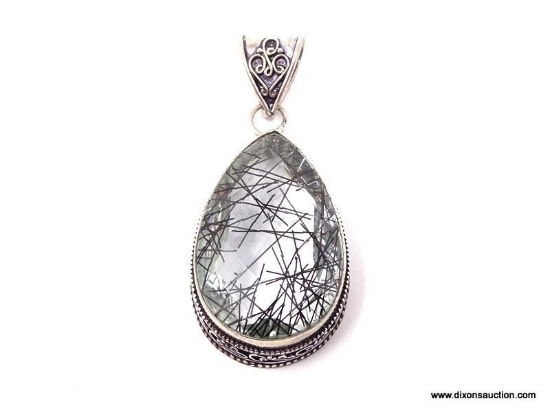 .925 BLACK QUARTZ PENDANT; GORGEOUS NEW AMAZINGLY DETAILED LARGE BLACK RUTILATED QUARTZ PENDANT.