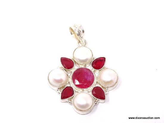 .925 AFRICAN RUBY PENDANT; NEW LARGE 2"X2" DESIGNER PENDANT WITH AFRICAN RED RUBIES AND WHITE RIVER