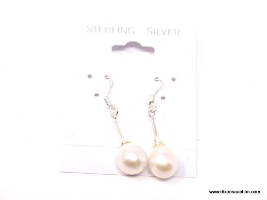 .925 PEARL EARRINGS; .925 NEW 1 2/8" GORGEOUS 9MM WHITE OVAL DROP PEARL EARRINGS. RETAIL PRICE