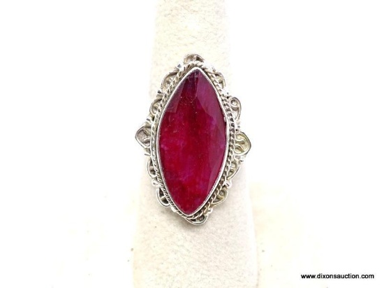 .925 RED RUBY RING; BEAUTIFUL NEW LARGE, FACETED NATURAL MARQUISE CUT RED RUBY. SIZE 7.