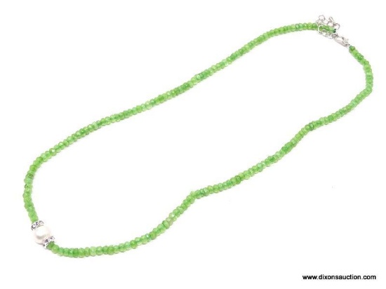 .925 PERIDOT & PEARL NECKLACE; NEW 18"-20" AAA TOP QUALITY NECKLACE WITH 2MM X 4MM FACETED ROUND