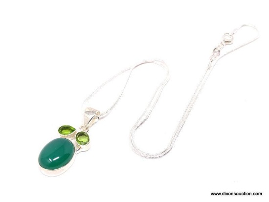 .925 GREEN ONYX NECKLACE; NEW 1 1/2" GORGEOUS GREEN ONYX CABOCHON WITH PERIDOT ACCENTS. ON 18"