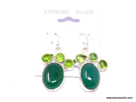 .925 GREEN ONYX EARRINGS; 1 3/8" DELICATE NEW GREEN ONYX CABOCHON AND PERIDOT ACCENT EARRINGS.