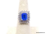 .925 SWISS BLUE TOPAZ RING; NEW AAA TOP QUALITY INTENSE EMERALD CUT SWISS BLUE TOPAZ WITH 35 DIAMOND
