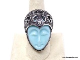 .925 TURQUOISE GODDESS RING; HANDMADE GORGEOUS CARVED BLUE TURQUOISE COLOR GODDESS RING. SIZE 8 3/4.