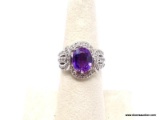 .925 AMETHYST RING; AAA NEW TOP QUALITY OVER 30 CT OVAL PURPLE AMETHYST RING SURROUNDED BY DIAMOND