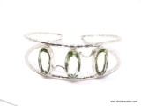 .925 GREEN AMETHYST BRACELET; TOP QUALITY MEDIUM-LARGE WRIST TEXTURED CUFF/BANGLE BRACELET WITH