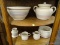(R2) LOT OF MCCOY BLUE AND PINK STRIPE POTTERY; 9 PIECE LOT TO INCLUDE A #342 BEAN POT W/ LID, 4