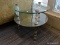 (WINDOW) TIERED GLASS SIDE TABLE; 1 IN A PAIR OF 2-TIERED, ROUND, GLASS SIDE TABLES WITH 3 ACRYLIC