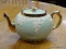 (R2) STAFFORDSHIRE ENGLAND TEAPOT; GRAPEVINE STYLE, JADEITE AND GOLD TONED TEA POT. SPOUT IS