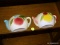 (R2) PAIR OF COFFEE POT WALL POCKETS; 2 PIECE LOT OF FRUIT THEMED, CERAMIC, TEAPOT SHAPED WALL