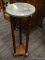 (R3) TRIPOD LAMP TABLE WITH MARBLE TOP; WALNUT, TRIPOD LAMP TABLE WITH A GREEN MARBLE TOP. MEASURES