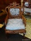 (R1) HEAVILY CARVED ORIENTAL ARM CHAIR; BLACK & WHITE MARBLE BACK, DRAGON CARVED BACK & ARMS, BALL &