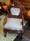 (R1) HEAVILY CARVED ORIENTAL ARM CHAIR; BLACK & WHITE MARBLE BACK, DRAGON CARVED BACK & ARMS, BALL &