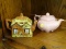 (R2) LOT OF VINTAGE TEA POTS; 2 PIECE LOT TO INCLUDE AN ENGLAND COTTAGE WARE TEA POT AND A PINK LEAF