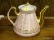 (R2) HALL TEAPOT; 6 CUP, PINK AND GOLD, BASKET WEAVE TEAPOT. MARKED #075.GL ON THE BOTTOM.