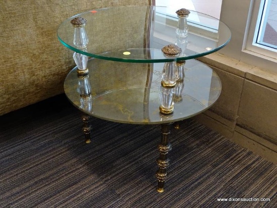 (WINDOW) TIERED GLASS SIDE TABLE; 1 IN A PAIR OF 2-TIERED, ROUND, GLASS SIDE TABLES WITH 3 ACRYLIC
