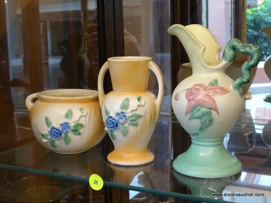 (R1) LOT OF POTTERY; 3 PIECE LOT TO INCLUDE A HULL W6 - 6 1/2" WOODLAND EWER AND A PAIR OF MATCHING