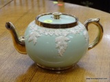 (R2) STAFFORDSHIRE ENGLAND TEAPOT; GRAPEVINE STYLE, JADEITE AND GOLD TONED TEA POT. SPOUT IS