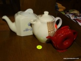 (R2) LOT OF DECORATIVE SMALL TEAPOTS/CREAMERS; 3 PIECE LOT TO INCLUDE A HALL POTTERY #185 TEA POT