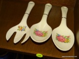 (R2) LOT OF PORCELAIN SERVING UTENSILS; 3 PIECE LOT OF PIXELATED FLORAL PATTERNED UTENSILS TO