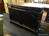 (R2) RUSTIC BAR; WOODEN BAR WITH A MAHOGANY, BOW FRONT TOP SITTING ON A RUSTIC VENETIAN BRONZE
