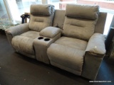 (WINDOW) HOME THEATRE 2-SEATER RECLINER; GRAY UPHOLSTERED 2-SEATER HOME THEATRE RECLINING SOFA WITH