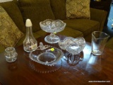 (R2) LOT OF ASSORTED GLASSWARE; 6 PIECE LOT OF ASSORTED A CUT GLASS COMPOTE DISH, A CUT GLASS NUT