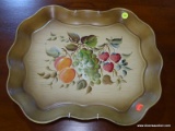 (R3) NASHCO HAND PAINTED TRAY; TOLE PAINTED, SCALLOPED RIM TRAY WITH A FRUIT DESIGN ON A LIGHT BROWN