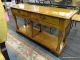 (R3) LENOIR HOUSE SOFA SABLE; OAK SOFA TABLE WITH 2 TOP DRAWERS, A SCALLOPED TABLE SKIRT, A LOWER