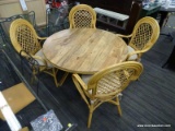 (R3) RATTAN TABLE AND CHAIRS; 5 PIECE TABLE SET TO INCLUDE A ROUND RATTAN TABLE WITH A WOODGRAIN TOP