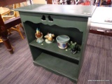 (R3) GREEN PAINTED BOOKCASE; 2 SHELF BOOKCASE WITH HEART SHAVED CARVINGS AT THE TOP AND SCALLOPING