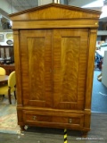 (R3) DREXEL HERITAGE ARMOIRE; BURLED WALNUT TWO DOOR ARMOIRE WITH A POINTED CROWN, PILASTER SIDES,