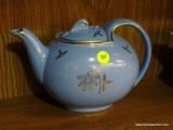 (R3) HALL PORCELAIN TEAPOT; LIGHT BLUE WITH HOOK STYLE TOP LID WITH GOLD DESIGNS AND RIMMING