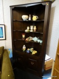 (R3) CORNER CABINET; WALNUT, 3-SHELF CORNER CABINET WITH BOW FRONT SHELVES AND A LOWER CABINET WITH