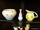 (R3) ASSORTED LOT OF PORCELAIN ITEMS; ONE SMALL PASTEL PINK AND PURPLE VASE, ONE SMALL CREAM AND