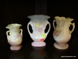 (R3) ASSORTED HALL VASES; ONE SMALL YELLOW AND PINK VASE WITH HANDLES AND FLOWERS WITH SCALLOPING AT