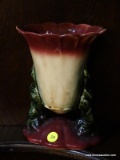 (R3) ONE HALL FLOWER DESIGN VASE; 8 INCHES TALL AND FOUR AND A HALF INCHES WIDE. WITH SCALLOPING AT